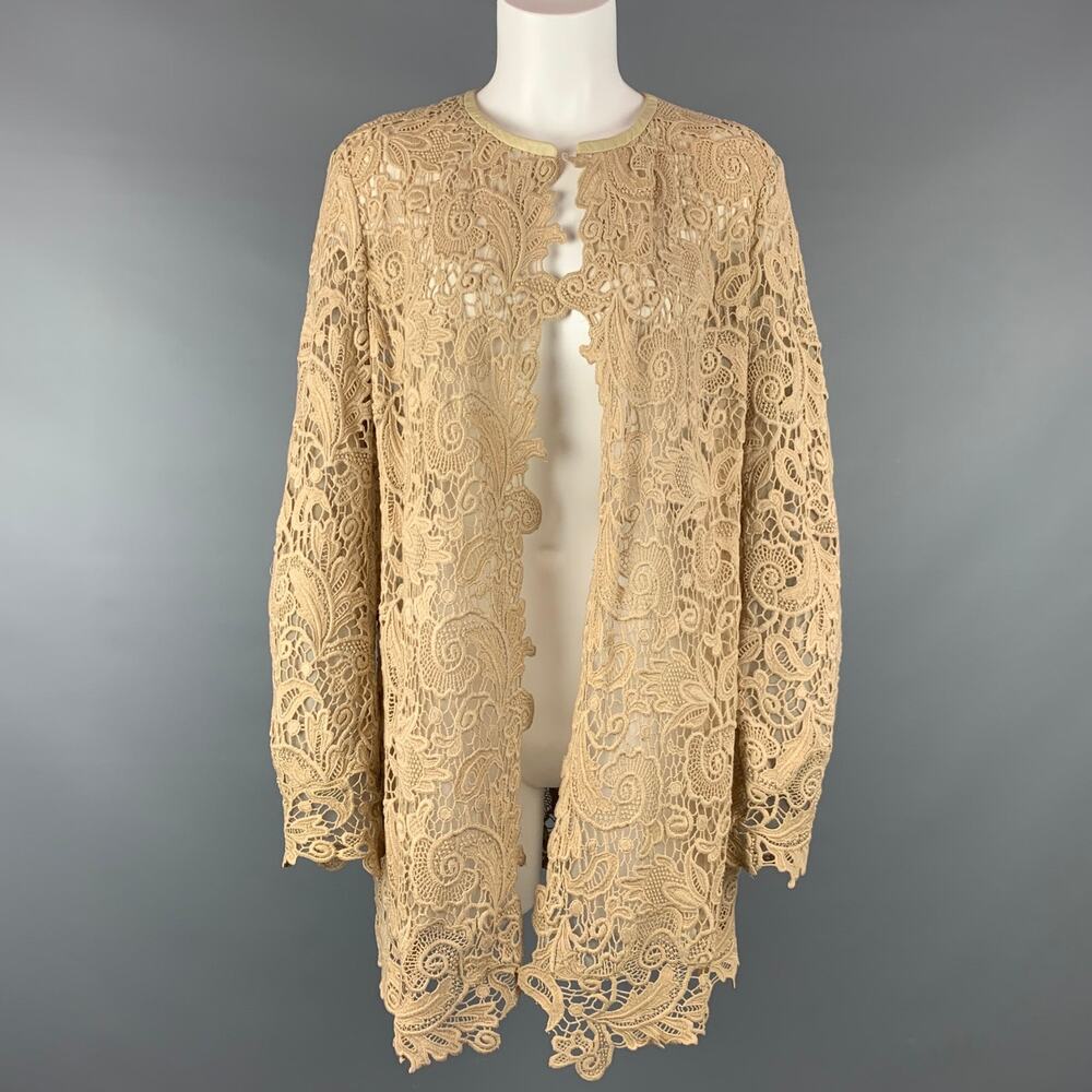 RALPH LAUREN Size 12 Beige Lace Textured Cotton Leather Trim Cardigan